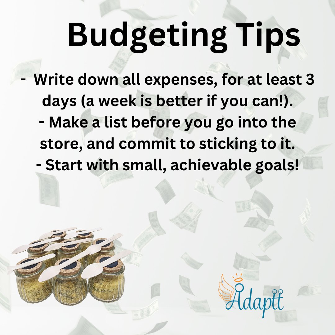 We held a budgeting workshop for our clients. Here are a few of the tips that we shared. 
We also ate homemade chicken noodle soup, and participants took home a jar of homemade chicken soup mix. 
Do you have any helpful tips?

#adapttrochester #budgeting #financialhealing