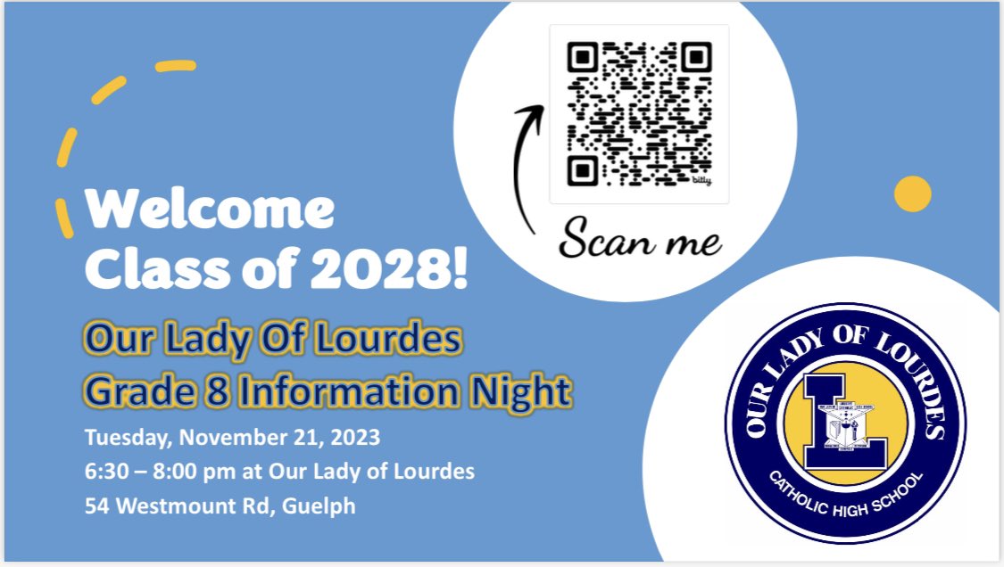 📣Calling all Grade 8 Families! Join us on Tues Nov 21 from 6:30-8:00pm at Our Lady of Lourdes for our GRADE 8 INFORMATION NIGHT! Come for a tour and learn about programs and opportunities🙌 See you there: @FalconFeat @MustangUpdate @stpetersaints @stjosephguelph @WellingtonCath