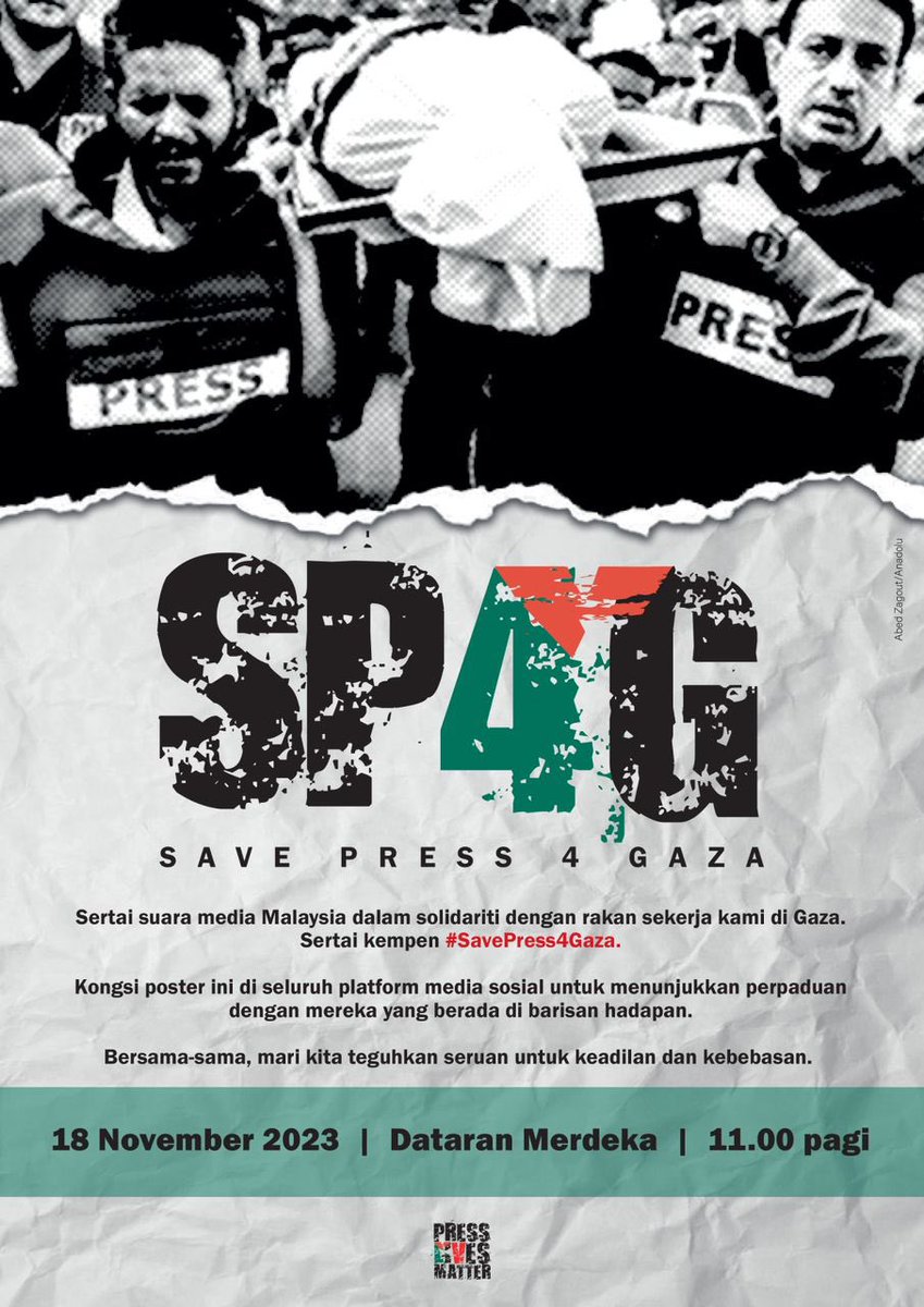 501Awani's tweet photo. Warga media Malaysia akan berkumpul di Dataran Merdeka esok sebagai menyuarakan solidariti buat warga media di Gaza.

Sertai #SavePress4Gaza Sabtu ini di Dataran Merdeka jam 11 pagi.

#IsraelCuak https://t.co/UqFr2lVEKv