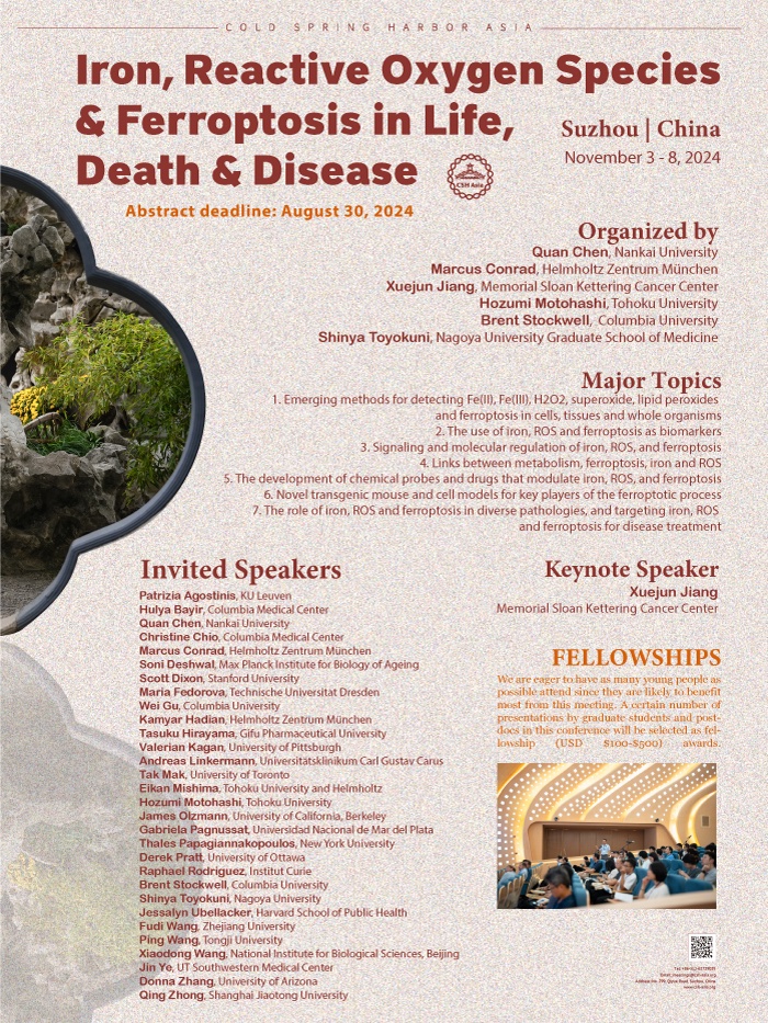 #CSHAmeeting on #Iron, Reactive Oxygen Species & Ferroptosis in Life, Death & Disease will return to Suzhou next year in November! Abstracts submitted by the August 30, 2024 can be considered for talks and poster integrated into the symposia.Submit via csh-asia.org/?content/332