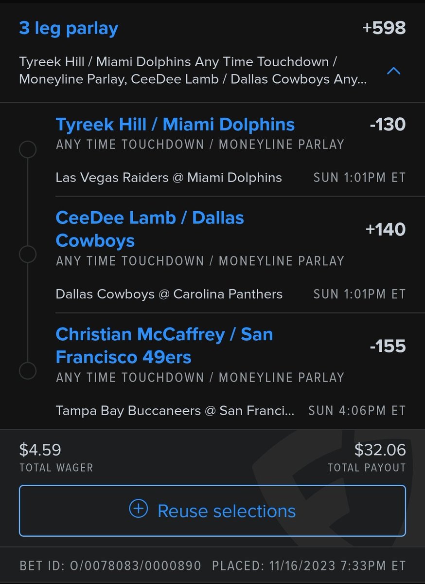 tmaj4's tweet photo. @HousefromDC @SharpFootball @ringer A good old 3-leg TD+win parlay at just under +600! https://t.co/Wb6LsqUCUR