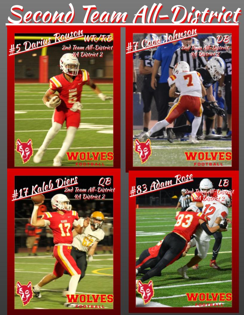 Congratulations to our 4A District 2 All District Honorees!
First Team
Kaiden Griffith - WR
Logan Tilkes - LB
Trey Franck - LB
Ryan Bos - OL
Tayt Broell - DL

Second Team
Darius Rouson - WR
Coda Johnson - DB
Kaleb Diers - QB
Adam Rose - LB