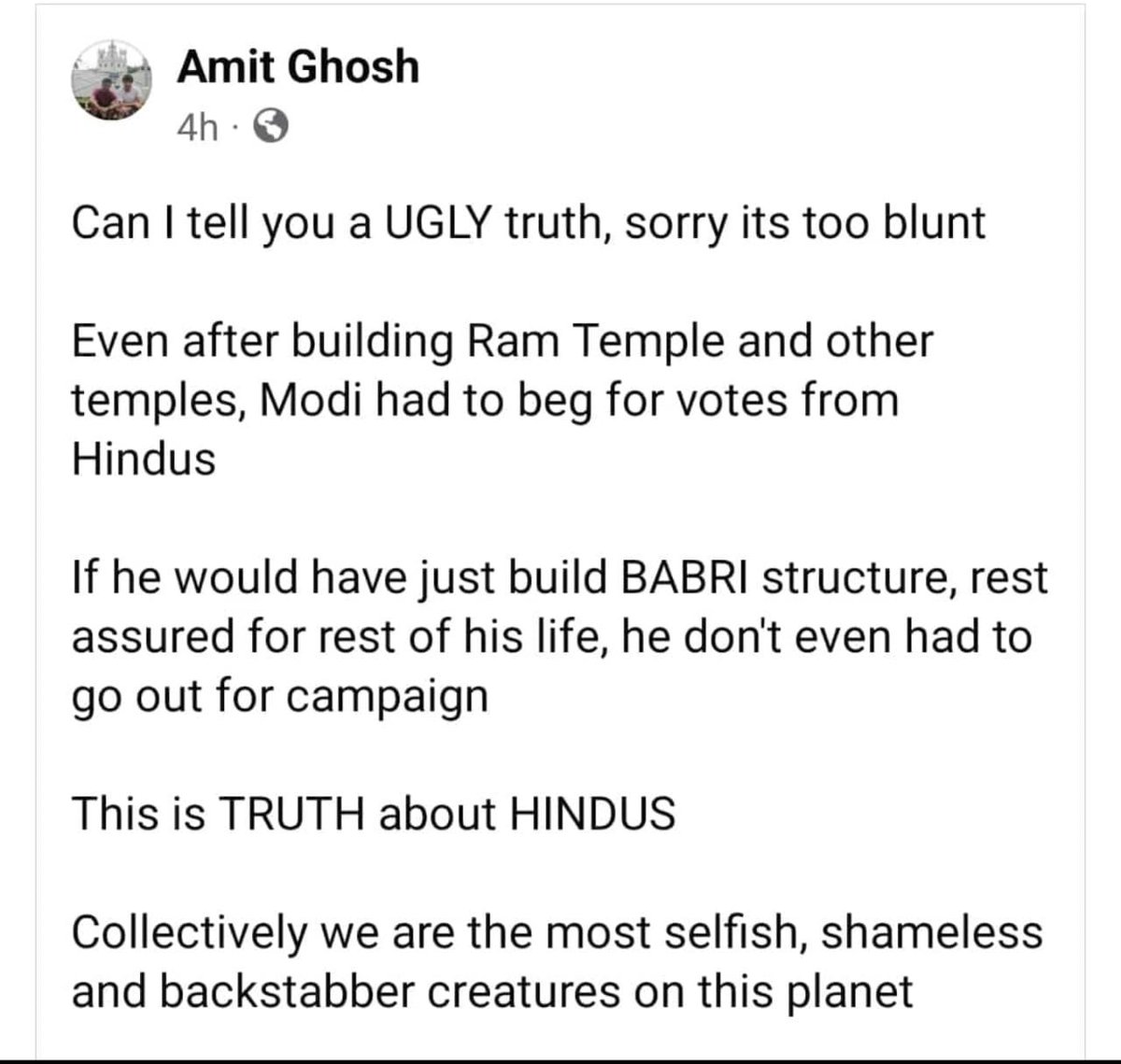 BellamSwathi's tweet photo. How many of you agree with it ??
He is blunt but super honest 
For many hindus, their Gods never matters, hence forget voting for congress or DStock who said Ram is a Myth, they will even vote for OYSi and Dawood also if they give them freebies 🤦🏾‍♀️
Compare this to other religions who never vote Bjp inspite the fact that Modi govt has given the highest welfare schemes to them than any other govt. Hence they are growing up in numbers across the world while we are decreasing everyday
