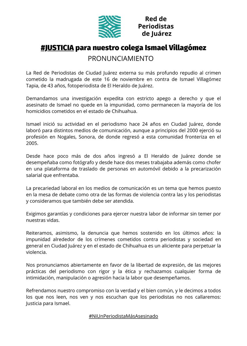 PeriodistasJz's tweet photo. #PRONUNCIAMIENTO #Justicia para nuestro colega Ismael Villagómez periodista asesinado en Ciudad Juárez https://t.co/2DF1X9e5AU
