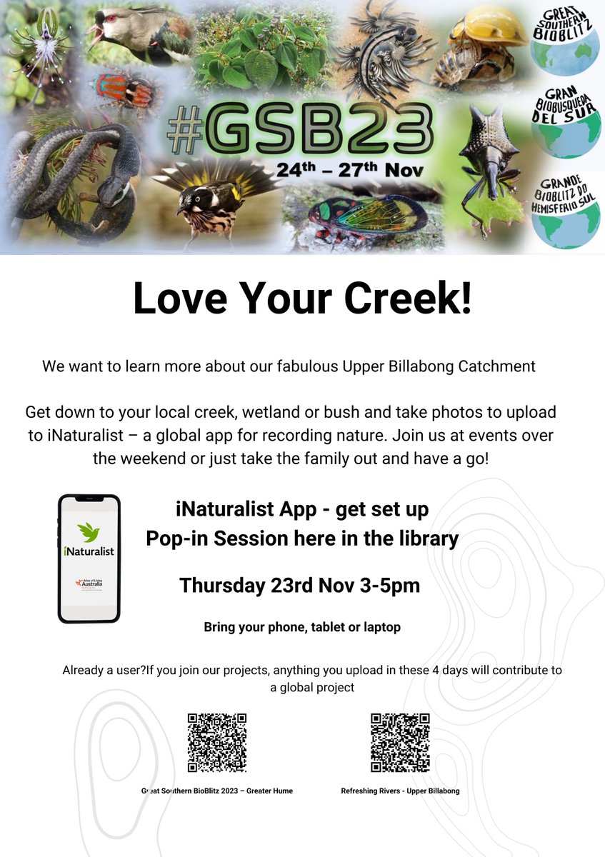 Want to join in on this year's #BioBlitz but not sure how to download &amp; use the #iNaturalist app or connect to the #RefreshingRivers &amp; #GSB23 #GreaterHume projects? Kylie is running a pop-in information session @ #Holbrook Library between 3-5pm this Thurs 23/11 #workingtogether