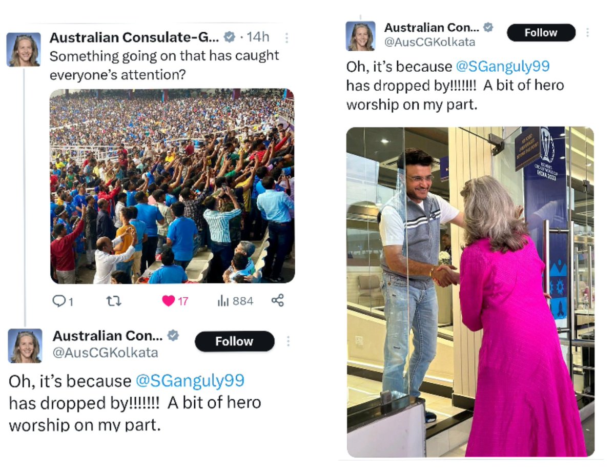 unbrahmachari's tweet image. The Australian Consul General (Kolkata) @AusCGKolkata witnessed the charisma of #Dada yesterday at the Eden Gardens.
#LoveYouDada
#CWC23semifinal #cwc23 #SAvsAUS #EdenGardens