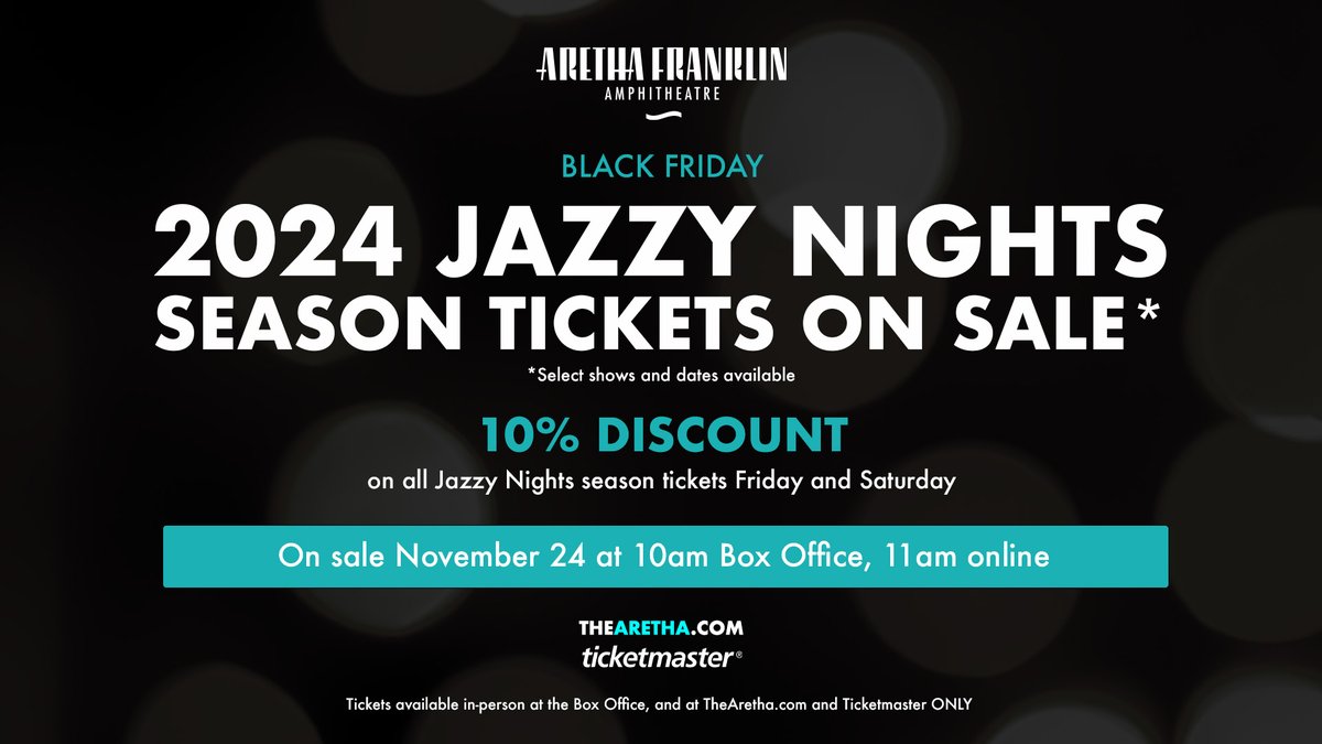This holiday, score big! 🎁💯 Give the gift of live music at the Aretha Franklin Amphitheatre’s Black Friday sale. Jazzy Night season tickets and select shows on sale Friday and Saturday, November 25-26th. Visit the Box Office, TheAretha.com, or Tickemaster only.