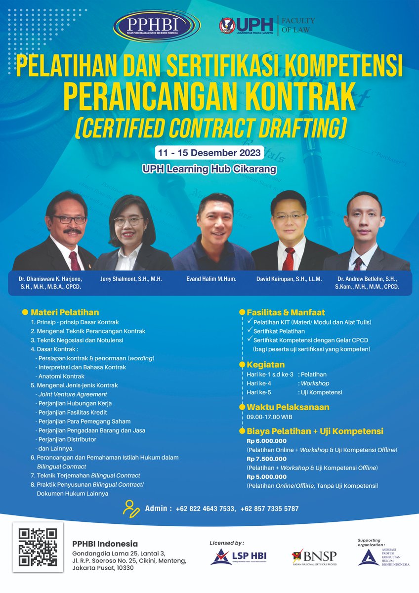traininghukum's tweet photo. #pphbi #UPH #UniversitasPelitaHarapan #contractdrafting #sertifikasibnsp #pelatihanhukum https://t.co/cqCRmuGVDW