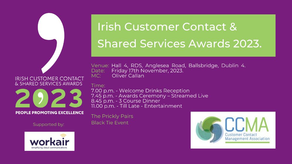 NSSO_ie's tweet photo. We are thrilled to announce we have been shortlisted for the @CCMA_Ireland Irish Contact Centre (Small) of the Year award for 2023.
The awards will take place tonight in the RDS Dublin.
Best of luck to all who have been nominated!
#SharedServicesIRL https://t.co/Kp3ee54D97