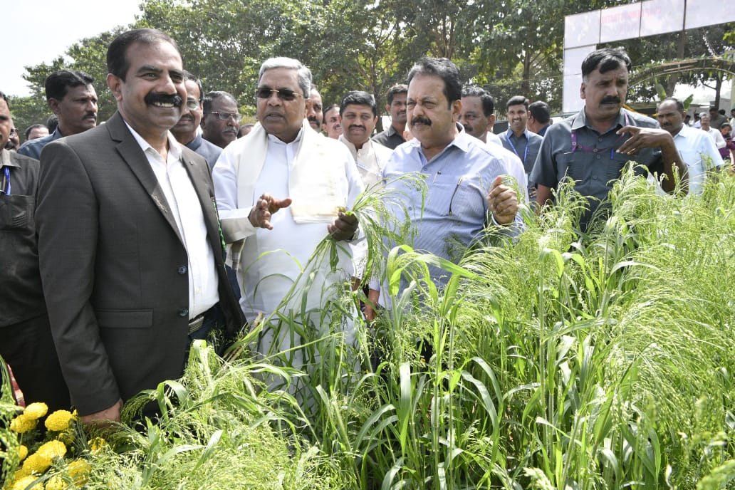 CMofKarnataka's tweet photo. ಗಾಂಧಿ ಕೃಷಿ ವಿಜ್ಞಾನ ಕೇಂದ್ರದ ಆವರಣದಲ್ಲಿ ಬೆಂಗಳೂರು ಕೃಷಿ ವಿಶ್ವವಿದ್ಯಾಲಯ ಆಯೋಜಿಸಿರುವ ಕೃಷಿ ಮೇಳ ಉದ್ಘಾಟನೆಗೆ ಮುನ್ನ ಮುಖ್ಯಮಂತ್ರಿ @siddaramaiah ಅವರು ಬೆಳೆ ಪ್ರಾತ್ಯಕ್ಷಿಕೆ ತಾಕುಗಳು ಹಾಗೂ ವಸ್ತು ಪ್ರದರ್ಶನ ಮಳಿಗೆಗಳಿಗೆ ಭೇಟಿ ನೀಡಿ ರೈತರೊಂದಿಗೆ ಮಾತುಕತೆ ನಡೆಸಿದರು. https://t.co/QaXoJm1HvX
