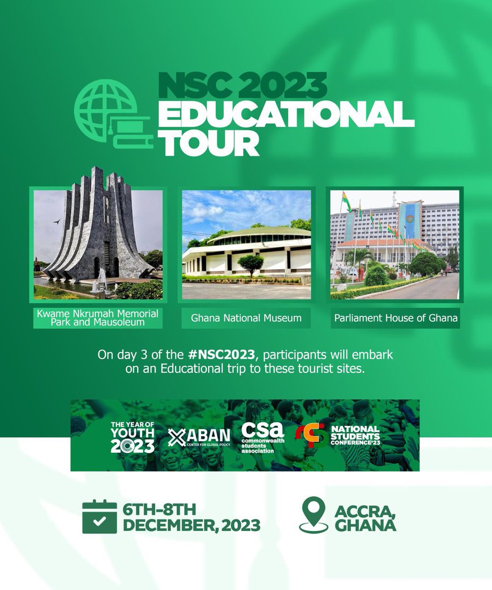 On day 3 of the National Students Conference slated for December 6-8, participants will embark on an educational tour to the newly refurbished Nkrumah Memorial Park, National Meseum and the Parliament House. 
#NSC23 is coming and it's huge!