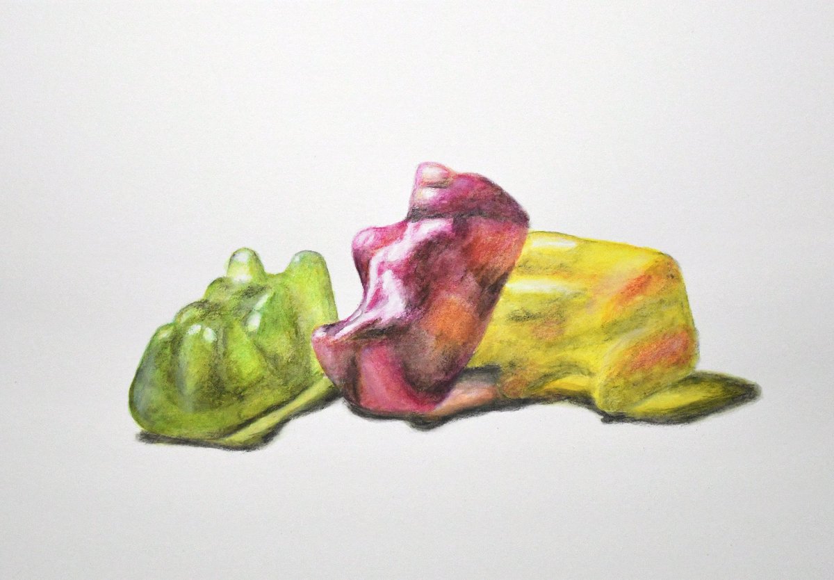 「グミ。1枚目、油彩。2枚目、水彩色鉛筆。3枚目、ソフトパステル。4枚目、デッサン」|Naoya Ohtaniのイラスト