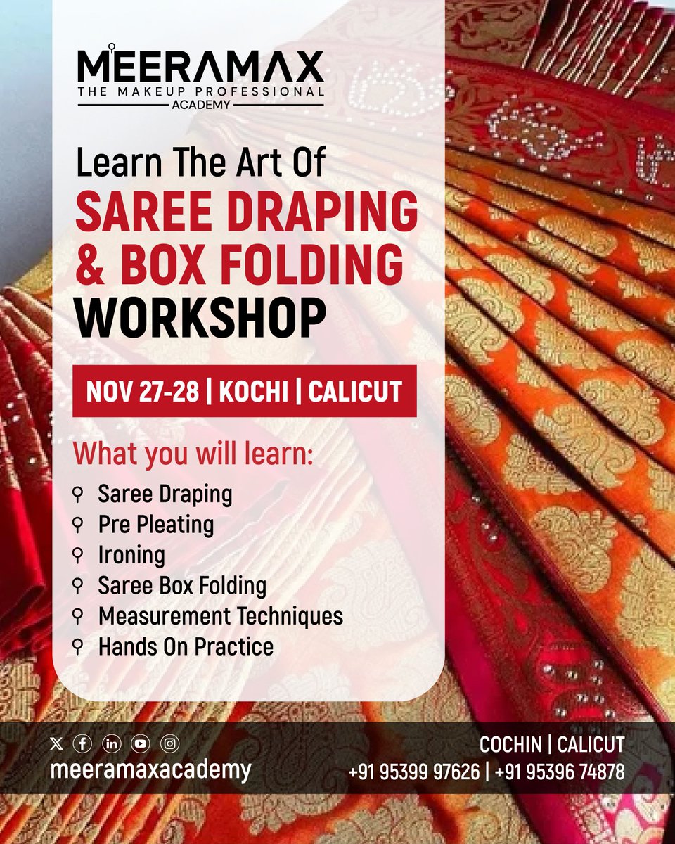 max_meera's tweet photo. Saree draping &amp; box folding Workshop 

Nov 27-28 

Kochi and Calicut 

Contact Now!
#meeramx
#makeup #saree #sareelover https://t.co/7vDXobRDbl