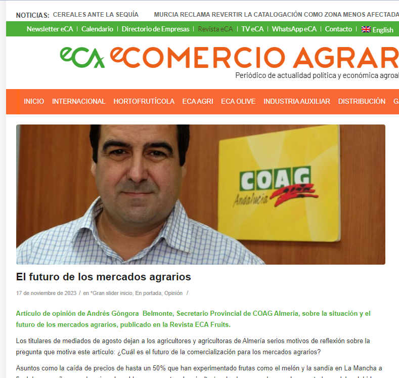 COAGAlmeria's tweet photo. Artículo de opinión de @A_Gongora_COAG , Secretario Provincial de @coagalmeria , publicado en la Revista @ECAFruits , con una valoración sobre la situación y el futuro de los #mercadosagrarios👩‍🌾🧑‍🌾⤵️ @La_COAG @COAGANDALUCIA 
 https://t.co/dX0u94ybDO https://t.co/7Aaa6wr1yj