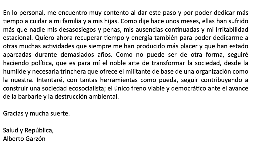 Hoy he trasladado a la militancia de <a href="/IzquierdaUnida/">Izquierda Unida🔻🇵🇸</a> que dejo la coordinación y que completo así el paso al lado que anuncié en junio. 

Ha sido un honor representar a IU y haber contribuido a una causa justa y necesaria. Con aciertos y errores, ha merecido la pena.

Gracias.