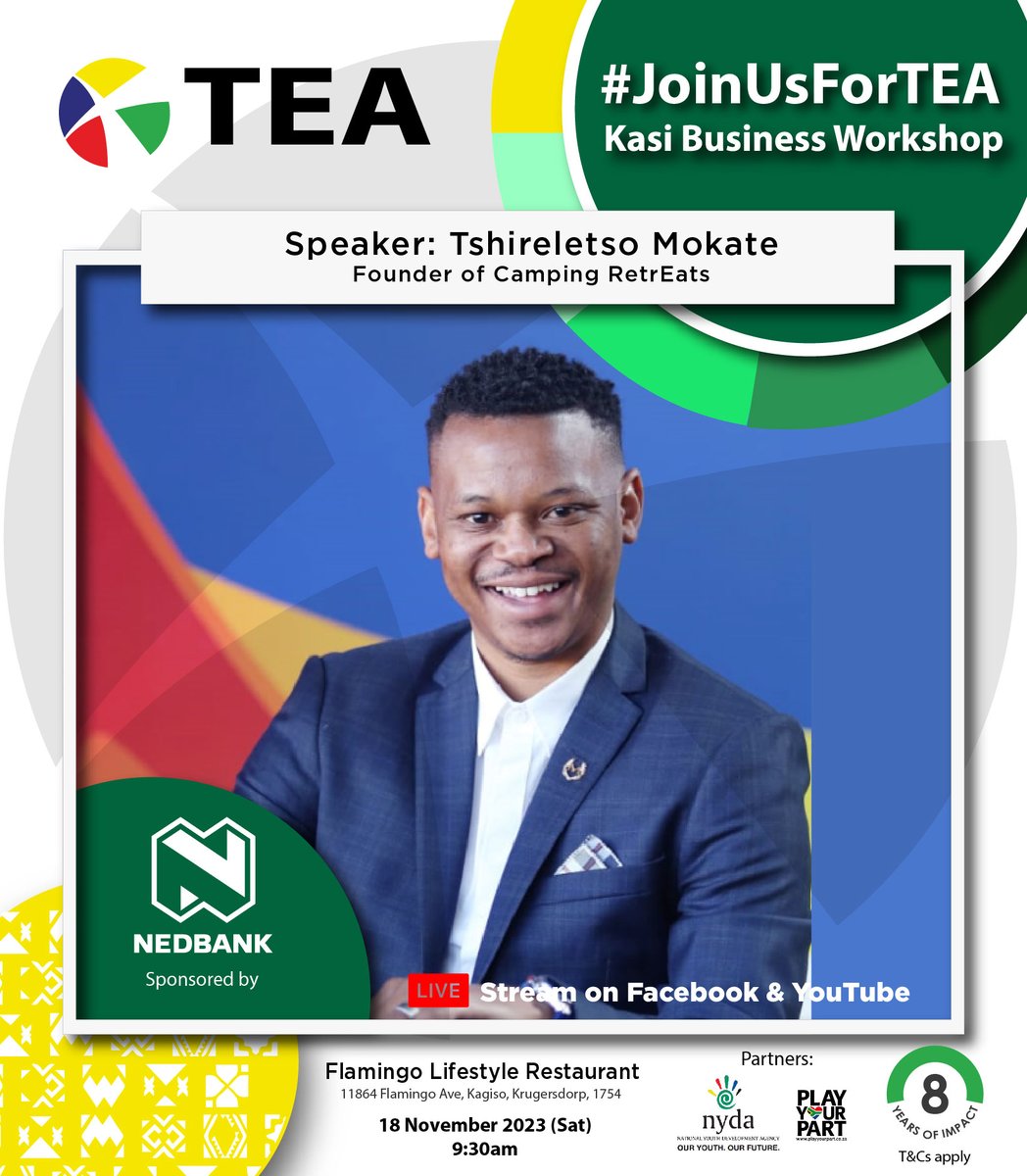 JoinUsForTEA's tweet photo. Speaker Announcement 🚨 

#JoinUsForTEA with Tshireletso Mokate the Founder of Camping RetrEats 

Emerging Tourism Entrepreneur of the Year, marketing guru and businessman, TshireletsoMokate, is the founder of the award-winning camping service, Camping RetrEats. Moving from an eleven (11) year corporate journey to an entrepreneur came with its challenges, but with his successes Tshireletsorecently won first prize at the 2023 Engen Pitch & Polish competition of R1,000 000 and he is currently making big moves in transforming the tourism sector and camping specifically. With six (6) years in the tourism and camping industry, Tshireletsowith Camping RetrEatsare making their landmark in Southern Africa by redefining the camping experience and making an adventure holiday accessible and stress free by providing accommodation, adventure activities and food by a private chef to over 9000 guests to date. His knowledge and expertise in digital marketing has enabled him to build a multimillion rand camping business that is strictly digital, through social media and online advertising.

Watch LIVE: https://t.co/MPDqUWpL3u

@Nedbank