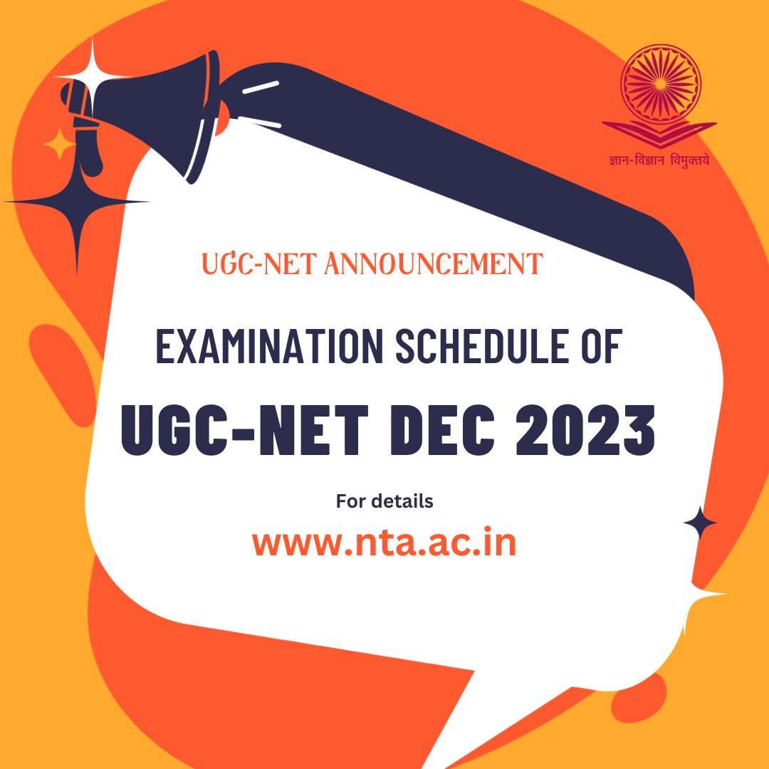 ugc_india's tweet image. UGC-NET Announcement: The schedule for the UGC-NET December 2023 Examination is now released and available on nta.ac.in.

For details check here-nta.ac.in/Download/Notic…