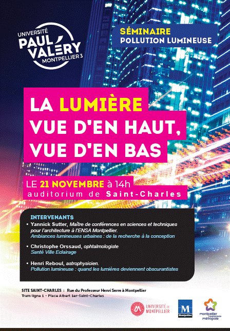 Le séminaire La lumière : vue d'en haut, vue d'en bas se déroulera à l'auditorium de Saint-Charles de <a href="/univpaulvalery/">Université de Montpellier Paul-Valéry</a>, le 21 novembre à partir de 14h. Il est organisé en collaboration avec <a href="/montpellier_/">Ville de Montpellier</a>, <a href="/Montpellier3m/">Montpellier Métropole</a>. <a href="/CatherineRibot/">Catherine Ribot</a> <a href="/BrunoPaternot/">Bruno Paternot 🌊</a>