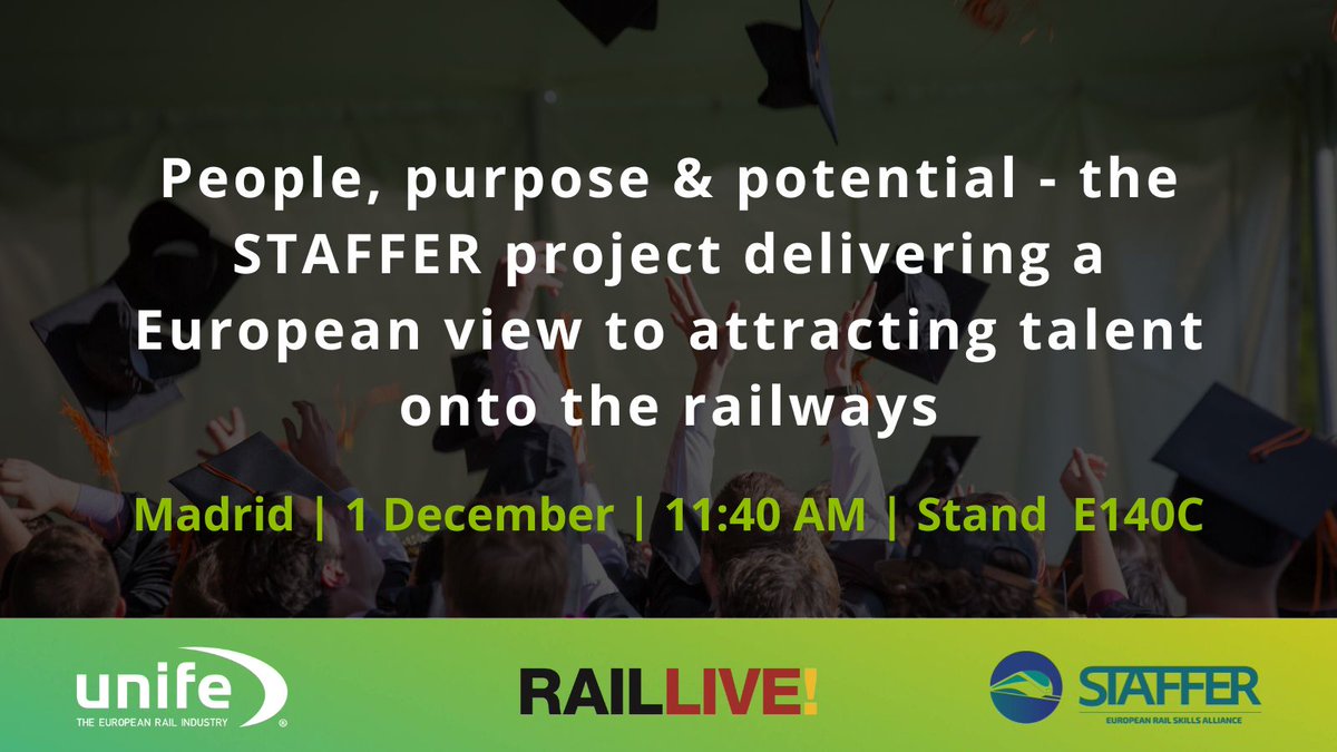 Join UNIFE at Rail Live in Madrid <a href="/RailLiveSpain/">Rail Live!</a>  🇪🇸 🚄

Save the date for our session on: People, purpose &amp; potential - the STAFFER project delivering a European view to attracting talent onto the railways? <a href="/RAIL_STAFFER/">RAIL_STAFFER</a>  

📅 1 December 
⏰ 11:40 AM  
📍 Rail Live, Madrid,