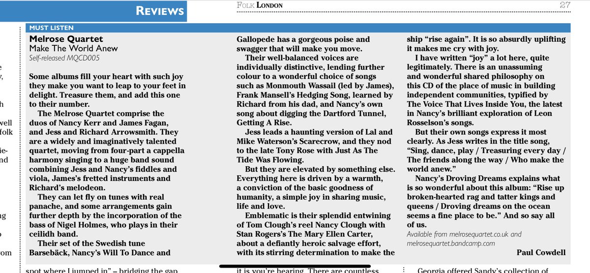 Thankyou @PaulCowdell for the ACTUAL review which we have now found in the forthcoming @FolkLondonMag “Some albums fill your heart with such joy they make you want to leap to your feet in delight. Treasure them, and add this one to their number.” We’re glad it’s bringing joy!