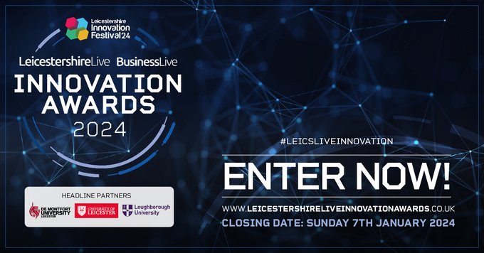 lboroimpact's tweet photo. The #leicsliveinnovation Awards β celebrating the best technology, services, digital advances and creative thinking across Leicestershire. Make your nominations before 7 January 2024 at https://t.co/FEqHMRGq9B https://t.co/td3QtupOOV
