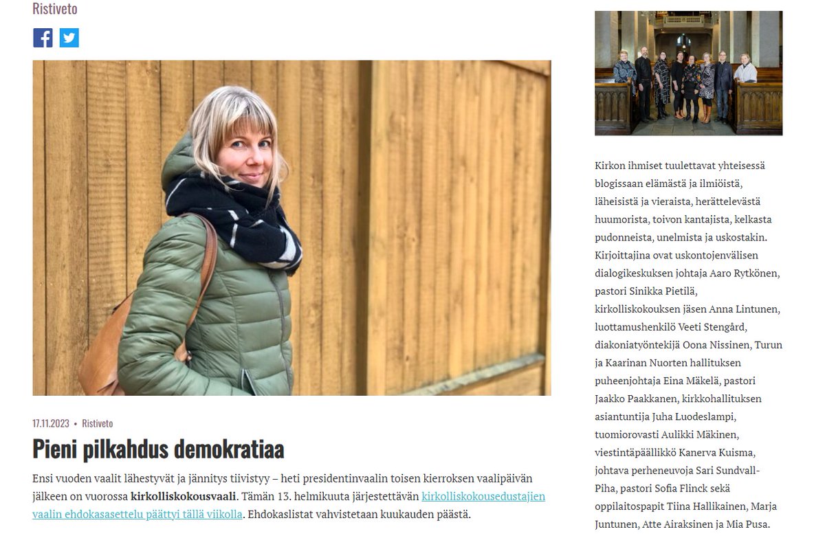 Mikä vaalikevät! Myös kirkolliskokousvaali on tulossa helmikuussa. Toivottavasti tulevaisuuden ääni kuuluu. Kirjoitin aiheesta blogiin:
blogit.ts.fi/ristiveto/pien…
#ristiveto #kirkolliskokous  <a href="/navi/">Navi</a>  #turunsanomat