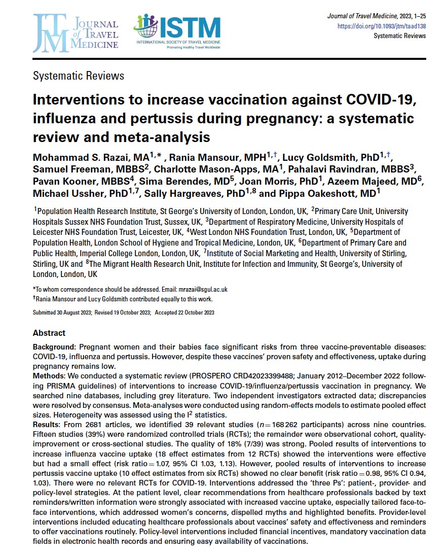 📢 Exciting news! Our latest paper in the Journal of Travel Medicine explores effective strategies to boost vaccine uptake during pregnancy against COVID-19, influenza, and pertussis. See how tailored interventions, healthcare provider training, and policy initiatives can make a…