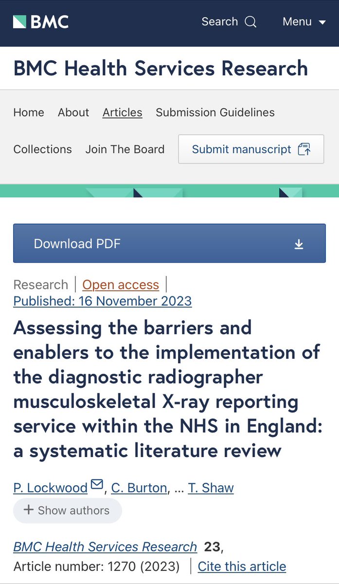 Dr Paul Lockwood ☢️ (@xradio_grapher) on Twitter photo Glad to announce our latest literature review on the barriers and enablers to the advanced practice of Reporting Radiographers in England since 1995
available for free <a href="/CanterburyCCUni/">Canterbury Christ Church University</a> <a href="/SAPHP_CCCU/">SAPHP@CCCU</a> <a href="/SCoRMembers/">SCoR Members</a> <a href="/ahpfni/">Allied Health Professions Federation NI</a> <a href="/NHSE_WTE/">NHS England Workforce, Training and Education</a> <a href="/ProfChrisBurton/">Chris Burton</a>
bmchealthservres.biomedcentral.com/articles/10.11… Glad to announce our latest literature review on the barriers and enablers to the advanced practice of Reporting Radiographers in England since 1995
available for free <a href="/CanterburyCCUni/">Canterbury Christ Church University</a> <a href="/SAPHP_CCCU/">SAPHP@CCCU</a> <a href="/SCoRMembers/">SCoR Members</a> <a href="/ahpfni/">Allied Health Professions Federation NI</a> <a href="/NHSE_WTE/">NHS England Workforce, Training and Education</a> <a href="/ProfChrisBurton/">Chris Burton</a>
bmchealthservres.biomedcentral.com/articles/10.11…