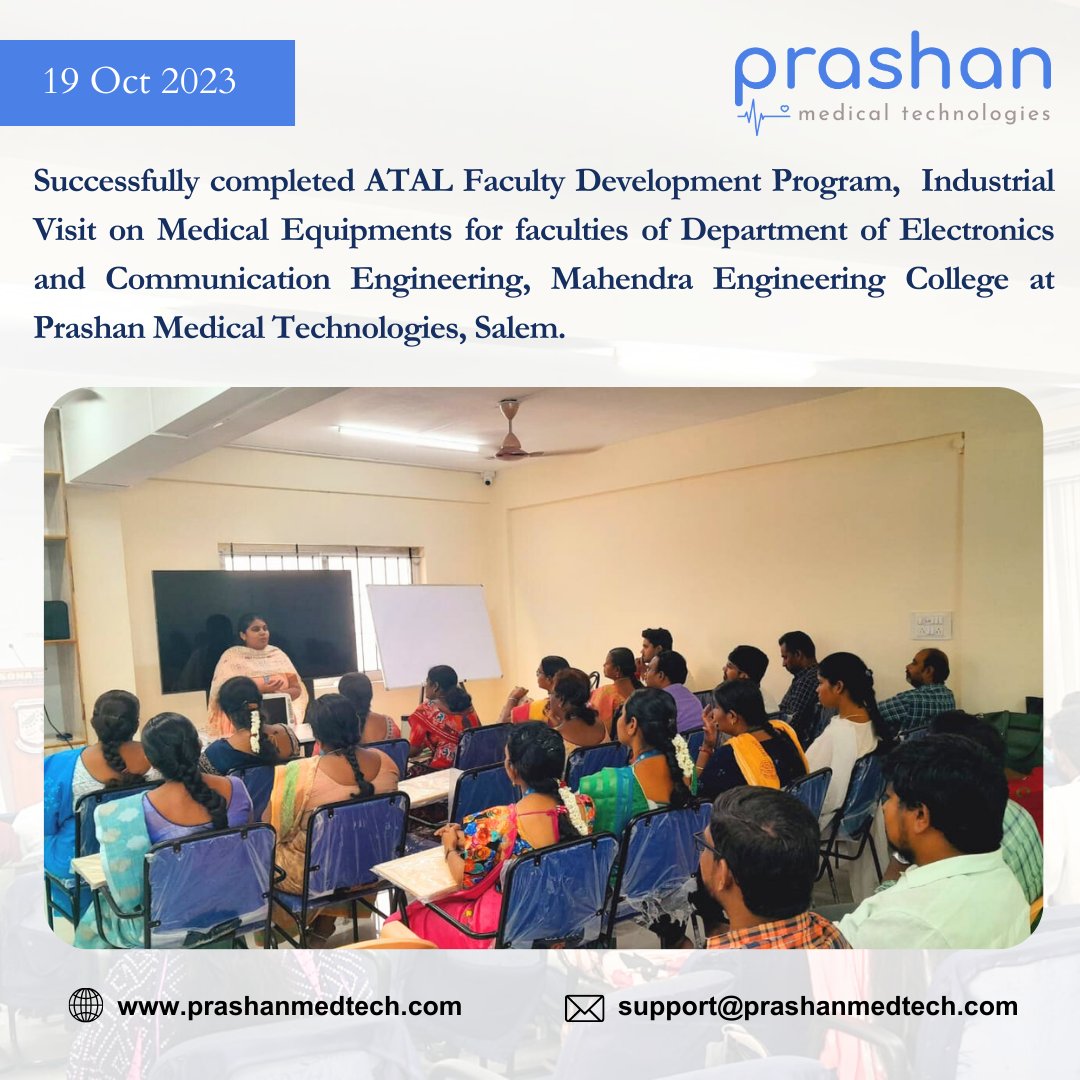 MedicalPrashan's tweet photo. “The education of a man is never completed until he dies”

Successfully completed ATAL FDP, Industrial Visit on Medical Equipment's for faculties of Department of Electronics and Communication Engineering, Mahendra Engineering College at Prashan Medical Technologies, Salem. https://t.co/frIYpmIevL