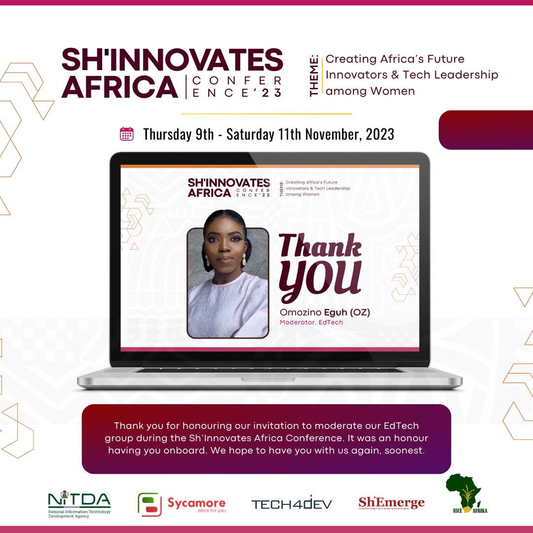Sh_Emerge's tweet image. Here&apos;s saying a big thank you to our Moderator (EdTech), @OzOmozino Eguh for sharing your wealth of knowledge and expertise with us at the Sh&apos;Innovates Africa Conference, 2023. #ShEmerge #ShInnovatesAfrica2023 #FrancesAborigho #TechConference #InnovationRevolution #VirtualEvent