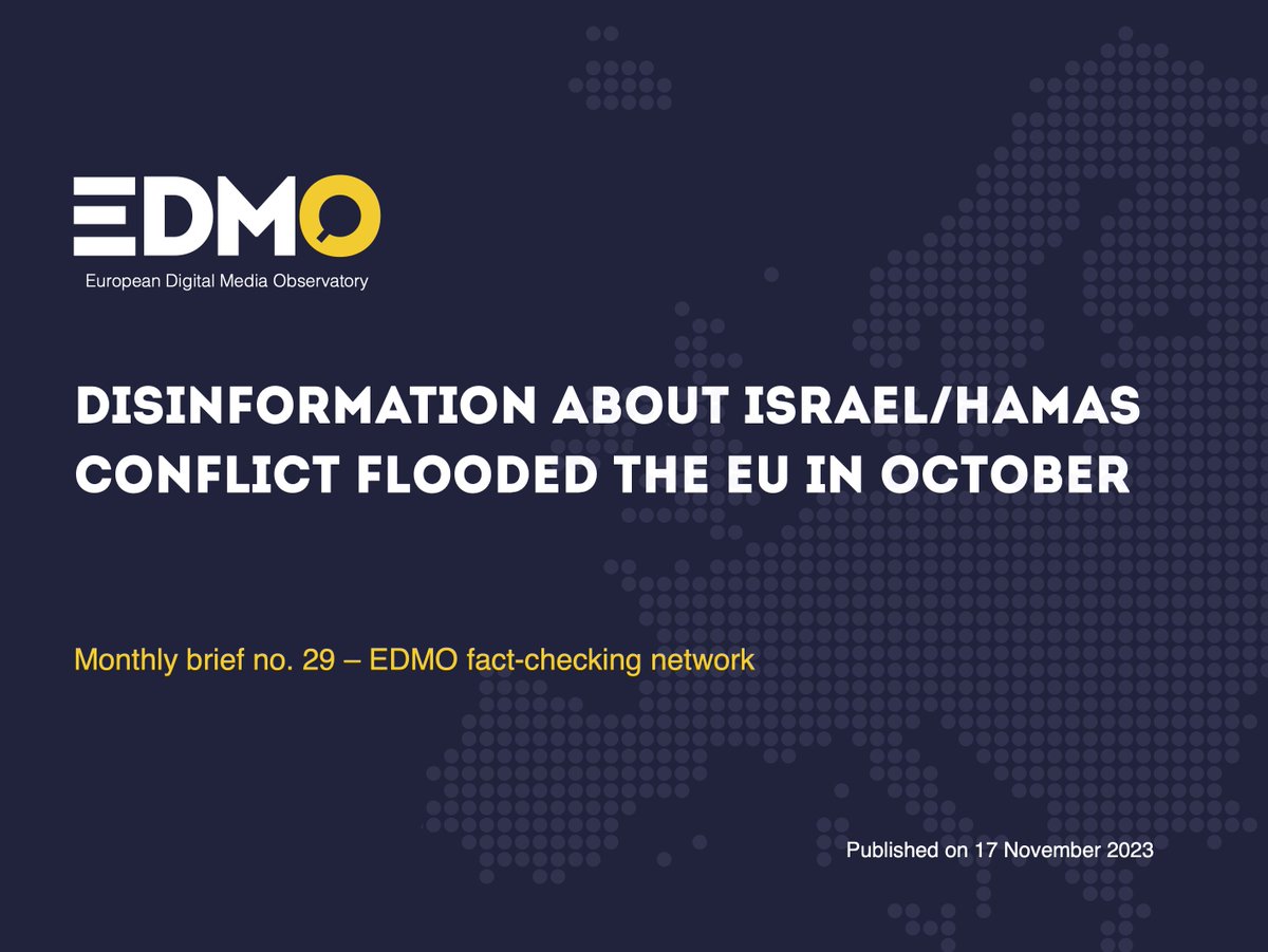 🔔 Out now: The new monthly brief of the #EDMOeu fact-checking network! 📈 The #Israel #Hamas conflict received the highest percentage of #disinformation compared to any other topic in the past 1.5 years 👉 For all insights: loom.ly/KI4pAa4 @PagellaPolitica