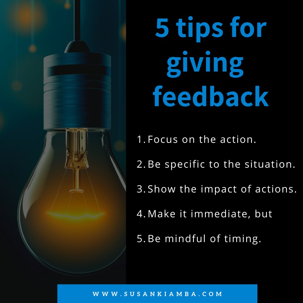 SKiamba's tweet photo. Giving feedback at work doesn’t have to be so hard! Here are two things to consider:
1️⃣Be specific to the situation – do not generalise.

2️⃣ Evaluative: looks at strengths and areas of improvement.

What is some of the most poorly communicated feedback you've ever received? https://t.co/AzFtwYN34J