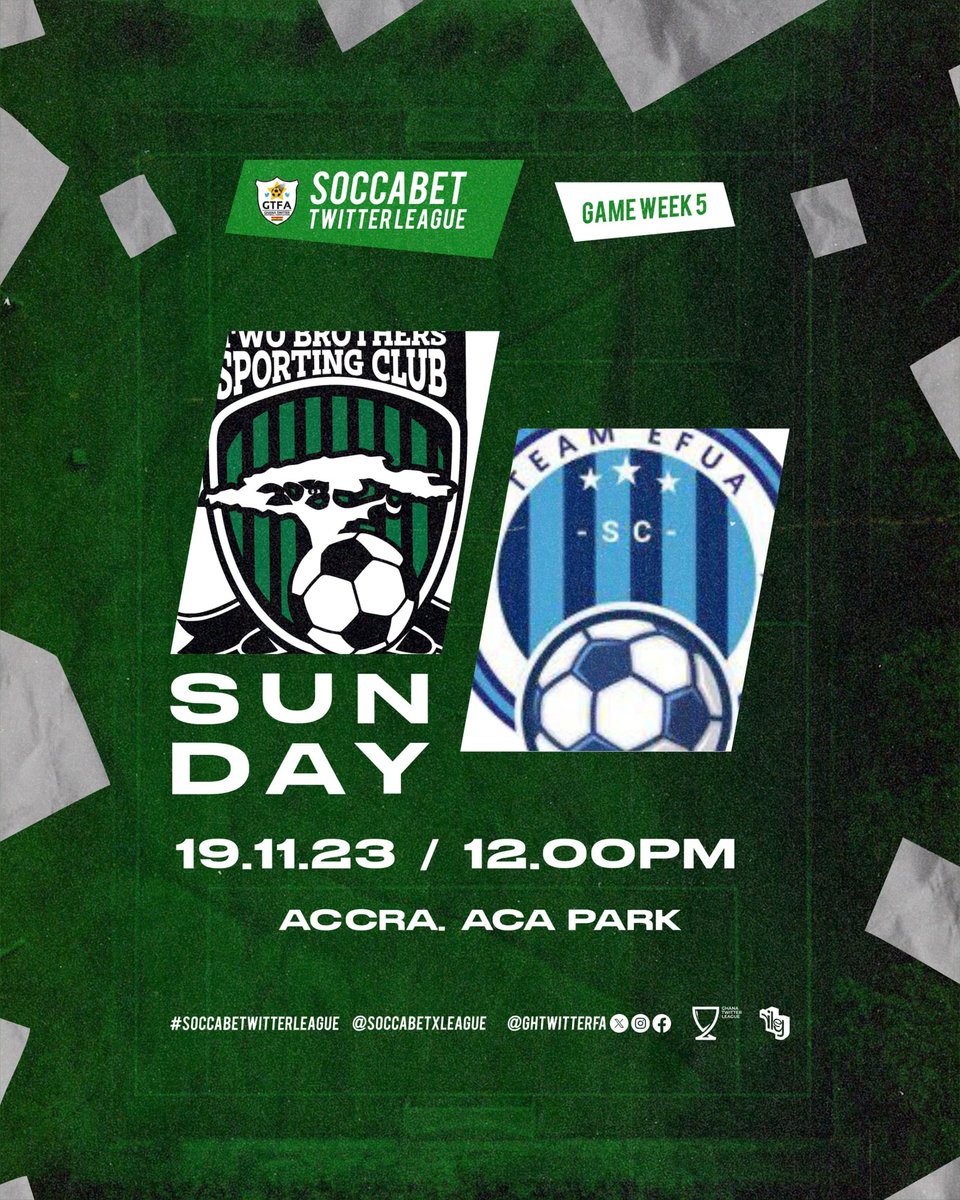 Game Week 5
We take on <a href="/TeamEfuaSC/">TEAM EFUA SC⚽️</a>
🗓 19-11-2023
🕒 12:00GMT
🏟 ACCRA ACA ASTRO TURF
#SoccabetTwitterLeague