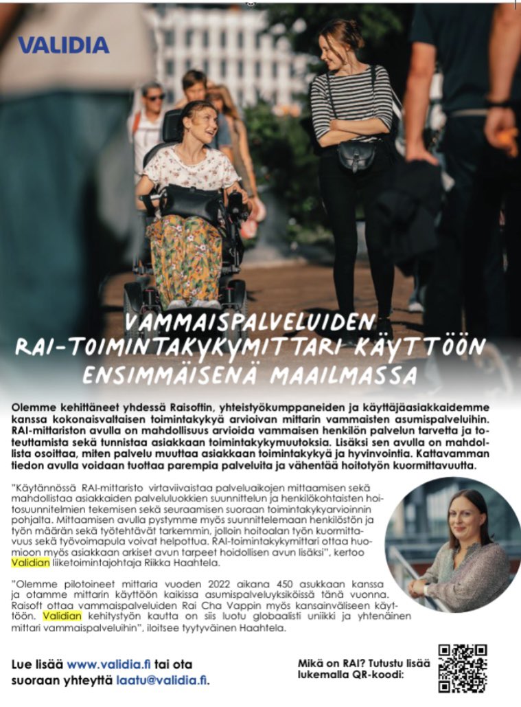JJuvakka's tweet photo. Hienoa: Vammaispalveluiden RAI-toimintakykymittari käyttöön ensimmäisenä maailmassa Suomessa Validian asumisyksiköissä.  #vammaispalvelut #asumispalvelut #vammaiset #sote #Validia https://t.co/8eT8gvfLIi @Invalidiliitto https://t.co/TAMm9FVPnX