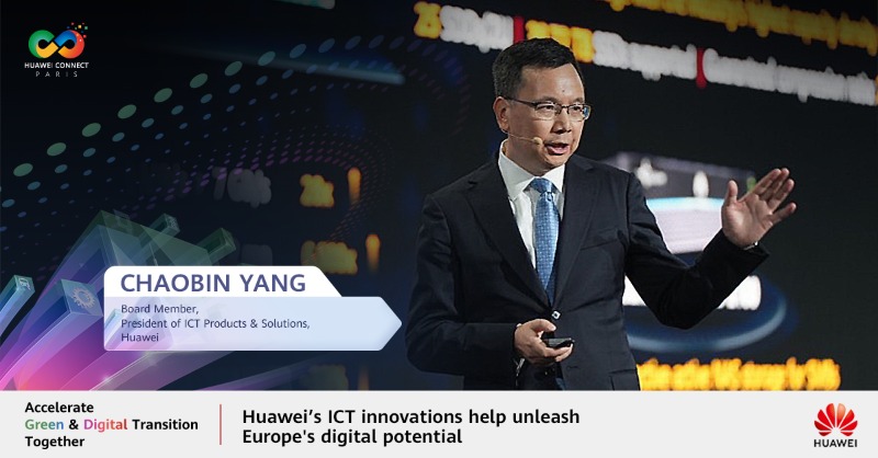 Huawei's tweet photo. At #HuaweiConnect 2023 in Paris, Chaobin Yang, Huawei Board Member &amp; President of ICT Products &amp; Solutions, noted #Huawei's vision of empowering Europe's industries to achieve green and digital transformation with ICT innovations. Read more: https://t.co/1zXwwNaDEc #HuaweiNews