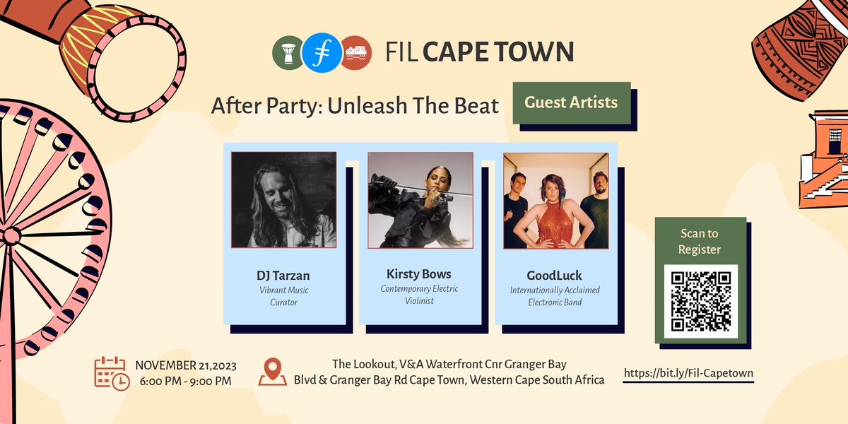 🚀🎉 Get ready to dance the night away at the fil-capetown.io After Party Beat! 🌐✨ Join us for electrifying melodies by Kirsty Bows, groove to the beats of DJ Tarzan, and let the contagious energy of GoodLuck Band take over. It's not just an event; it's an experience!