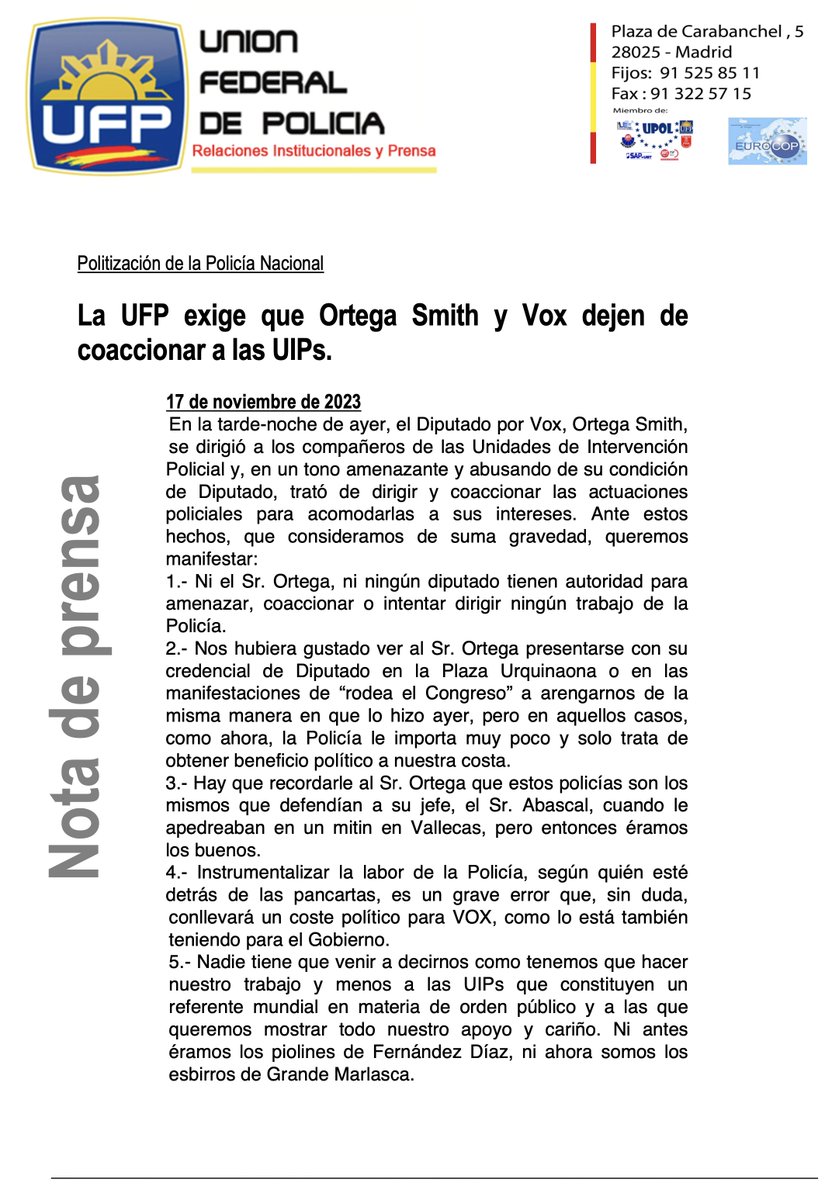 UFP (@ufpol) on Twitter photo #UFP exige que Ortega Smith y Vox dejen de coaccionar a las UIPs.
En la tarde-noche de ayer, el Diputado por Vox, Ortega Smith, se dirigió a los compañeros de las Unidades de Intervención Policial y, en un tono amenazante y abusando de su condición de Diputado, trató de dirigir #UFP exige que Ortega Smith y Vox dejen de coaccionar a las UIPs.
En la tarde-noche de ayer, el Diputado por Vox, Ortega Smith, se dirigió a los compañeros de las Unidades de Intervención Policial y, en un tono amenazante y abusando de su condición de Diputado, trató de dirigir