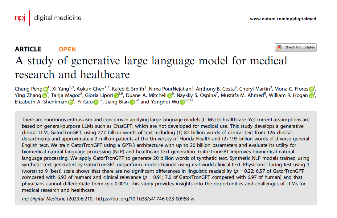 This study develops a generative clinical LLM using 277 billion words of text and up to 20 billion parameters. The model improves biomedical natural language processing, generates synthetic clinical text, and passed Turing test in writing clinical notes. nature.com/articles/s4174…