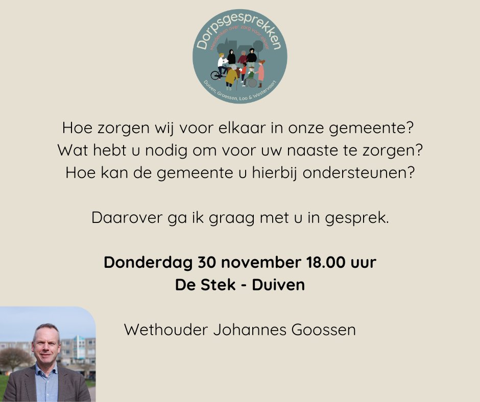 GemeenteDuiven's tweet photo. Kom op dinsdag 30 november om 18.00 uur naar De Stek en praat mee over zorg voor elkaar in onze gemeente. Soep met brood staat voor u en jou klaar. 

Meer informatie: https://t.co/GxiaIDTBKp https://t.co/CHGcCeya7w