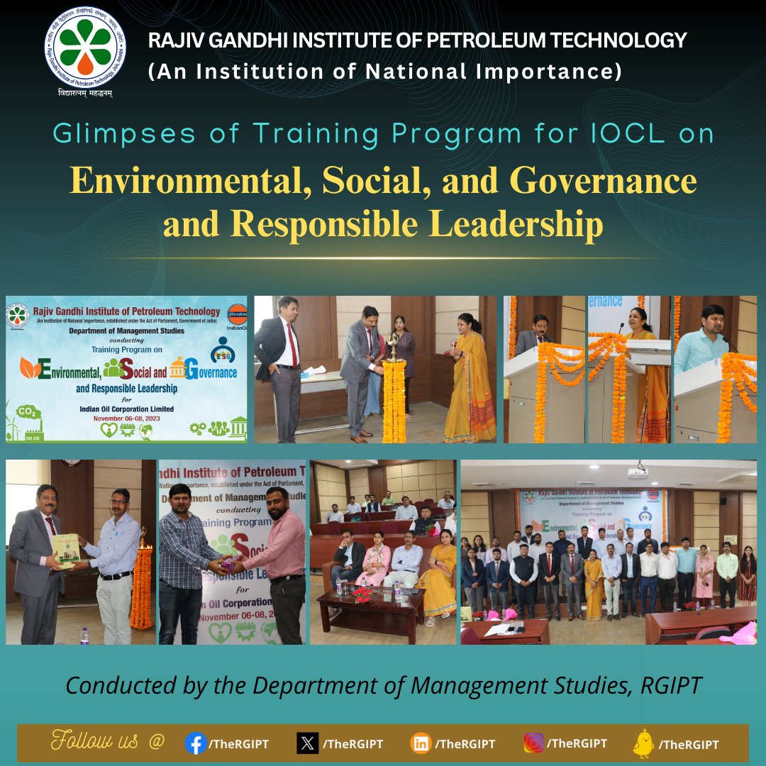 TheRGIPT's tweet image. Glimpses of Training Program for IOCL on Environmental, Social, and Governance and Responsible Leadership conducted by Department of Management Studies, RGIPT Jais
#RGIPT | #trainingprogram | #managementdevelopmentprogram