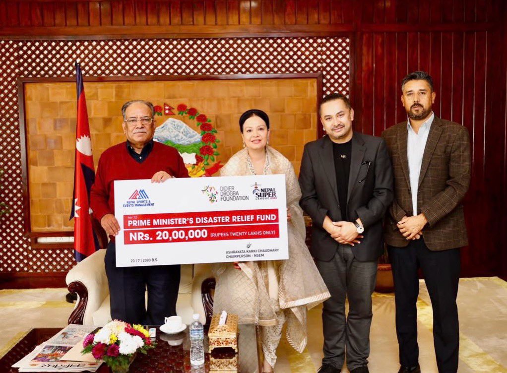 Didier Drogba Foundation and NSL  contributed Rs 20 lakhs to 
the PM’s Relief Fund.
NSL Chairperson, Ashrayata Karki Chaudhary, Director Shreyans Karki and CEO Sudeep Sharma handed over the contribution to Honorable Prime Minister Pushpa Kamal Dahal.
#nepalsuperleague #NSL2023