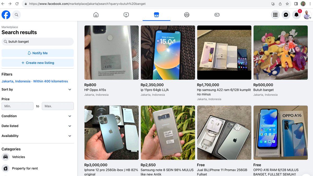 efenerr's tweet photo. sebuah panduan saat belanja di FB Marketplace.

gunakan keyword "butuh banget" atau "hadiah kantor"

voila!! barang hidden gem keluar semua. 👍👍 https://t.co/VRJ3Ou0YJq
