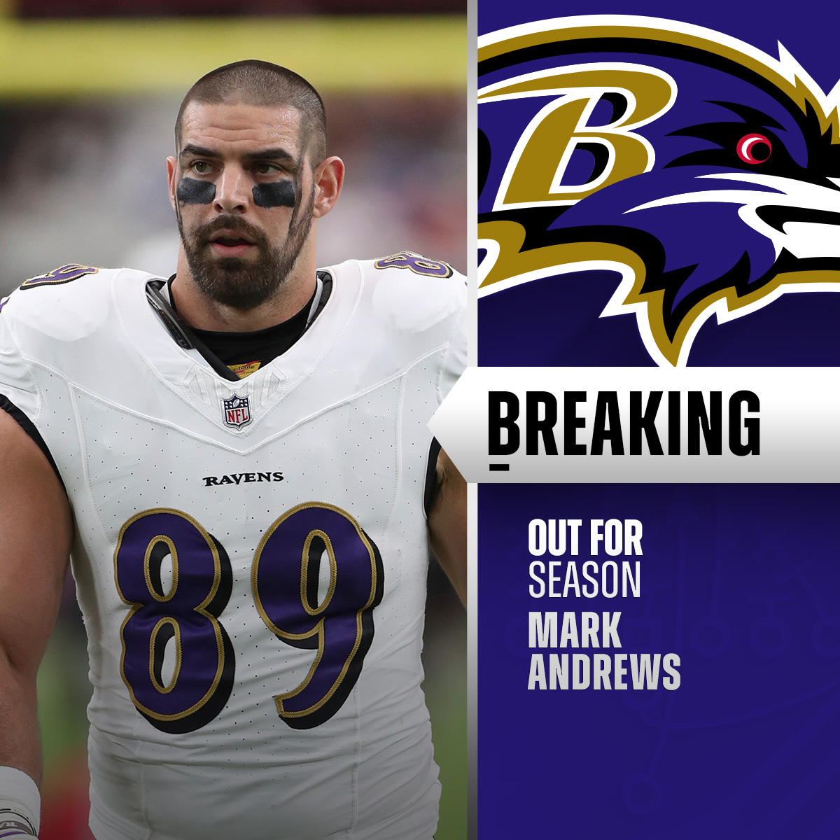NFL's tweet photo. John Harbaugh says TE Mark Andrews (ankle) will be out for the season. https://t.co/wYuE6BCyax