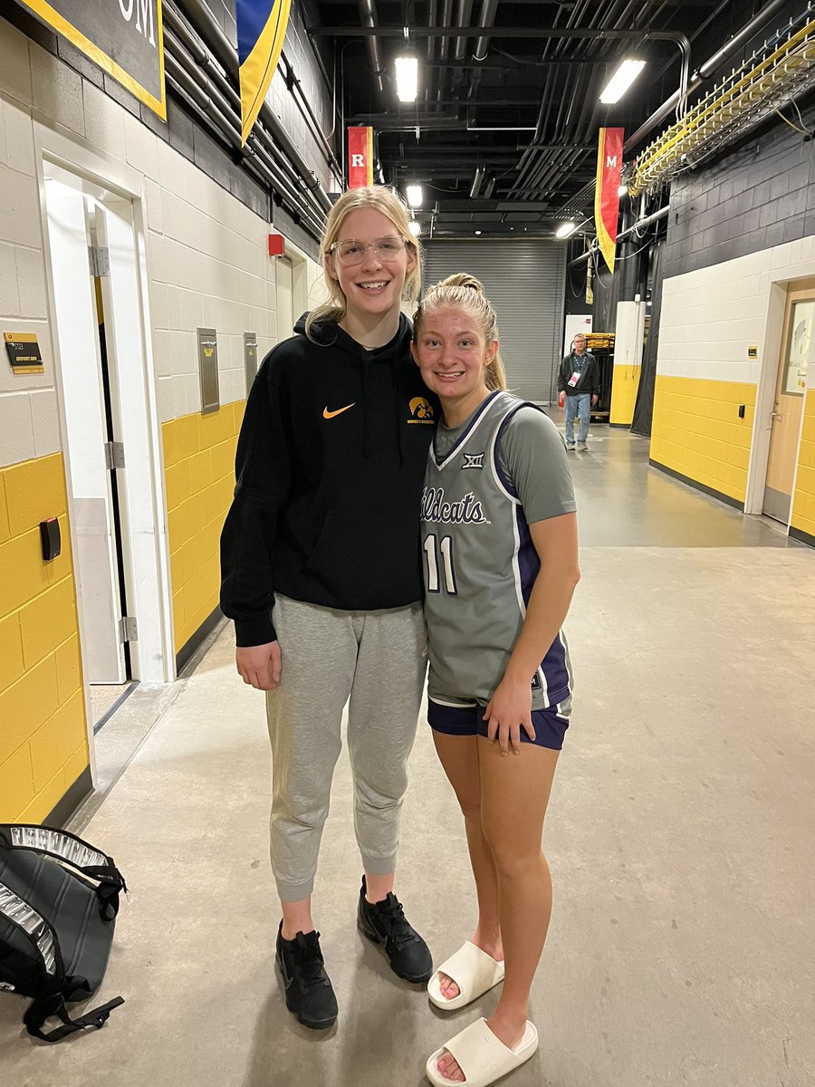 sportsinkansas's tweet photo. Ava Jones of Nickerson and Taryn Sides of Phillipsburg meet up at tonight’s Kansas State vs Iowa women’s 🏀game. Awesome to see our two Sports in Kansas 2022 3A-Co POYs & top five all class selections represent small schools in Kansas on a national stage👏. Young athletes all across Kansas look up to these two. Sides repeated as 3A POY a senior in 2023 while Jones was recovering from injuries and missed her HS senior campaign last school year. Two of the best girls basketball players we’ve ever covered. Pictured at our 2022 all state photo shoot. #sportsinkansas