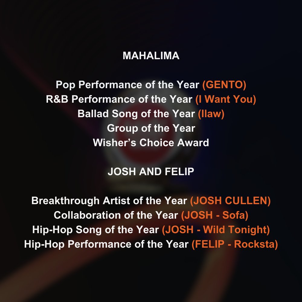 It's Wish Music Awards' season! 🏆

Our beloved Mahalima, Josh, and Felip are nominated in the following categories:

They are currently the 2nd MOST AWARDED artist in WMA's history. The voting period will start on November 24, 2023, and will end on January 5, 2024.

#MAHALIMA