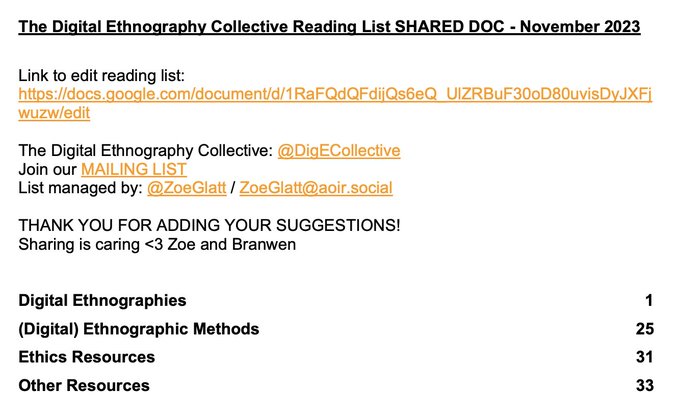 Check out the updated November 2023 Digital Ethnography Reading List from @DigECollective ‼️ 34 pages of joy! You are invited to view, share and add your own suggestions here: tinyurl.com/ywk3awbb