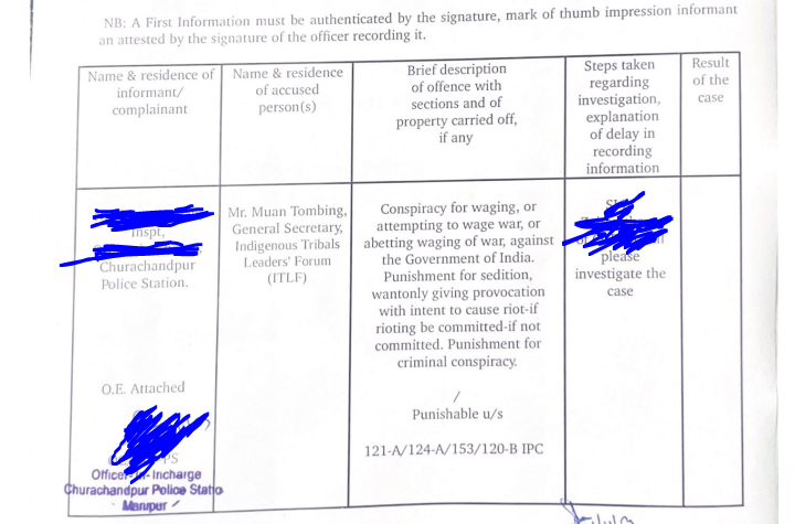 #Manipur 
#Breaking:
Manipur Police have registered an FIR against the ITLF hui MuanTombing for "conspiring to wage war against the Govt of India".Next logical step would be to ban ITLF and be listed in the unlawful extremeist outfit for the next 5 years.
GooJob ManipurPolice!