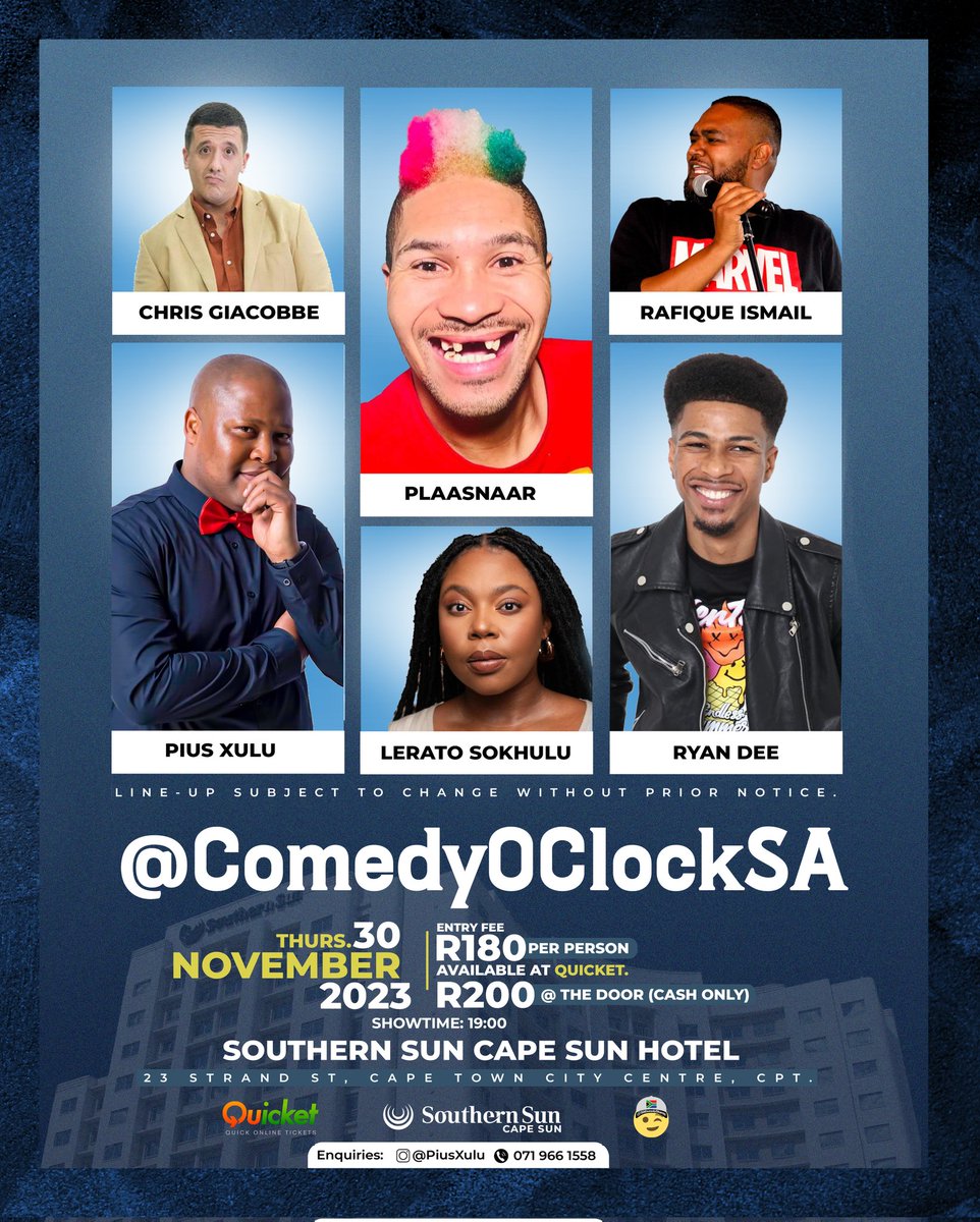 Pius Xulu (@piusxulu) on Twitter photo You're spoilt for choice next week, get your ๐
#MonateComedyWednesdays at #PitsosKitchen ๐๐ซ qkt.io/Ci3sqS ๐ญ
<a href="/ComedyOClockSA/">ComedyOClockSA</a> at #SSCapeSunHotel
๐ ๐ซ qkt.io/RiChgx ๐ค
#StandUpComedy #SAComedy #CptComedy <a href="/SAComedyShares/">#SAComedyShares</a> You're spoilt for choice next week, get your ๐
#MonateComedyWednesdays at #PitsosKitchen ๐๐ซ qkt.io/Ci3sqS ๐ญ
<a href="/ComedyOClockSA/">ComedyOClockSA</a> at #SSCapeSunHotel
๐ ๐ซ qkt.io/RiChgx ๐ค
#StandUpComedy #SAComedy #CptComedy <a href="/SAComedyShares/">#SAComedyShares</a>