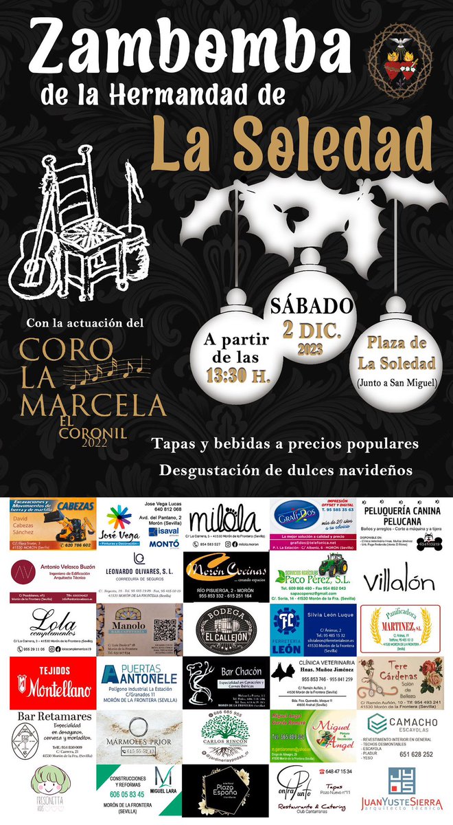 SoledadMoron's tweet photo. 🔈Nuestra Hermandad celebrará una zambomba el sábado, 2 de diciembre, a partir de las 🕜 13:30 horas en la plaza donde se sitúa nuestra Casa de Hermandad.

Contaremos con la actuación del 🎼 Coro La Marcela de El Coronil.

¡¡Acércate a dar paso a la Navidad con nosotros!! https://t.co/pHF0ESF1Cg