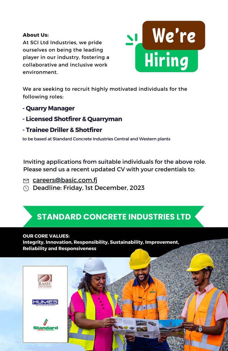 We're looking to hire:
- Quarry Manager
- Licensed Shotfirer &amp; Quarryman
- Trainee Driller &amp; Shotfirer
to be based at our Central &amp; Western plants. Please send us a recent updated CV with your credentials to careers@basic.com.fj by 01/12/2023 
#TeamFiji #jobsearch #fijijobs